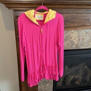 Hot pink Evy’s Tree full zip hoodie cute ruffles and yellow polka dot lining 1X